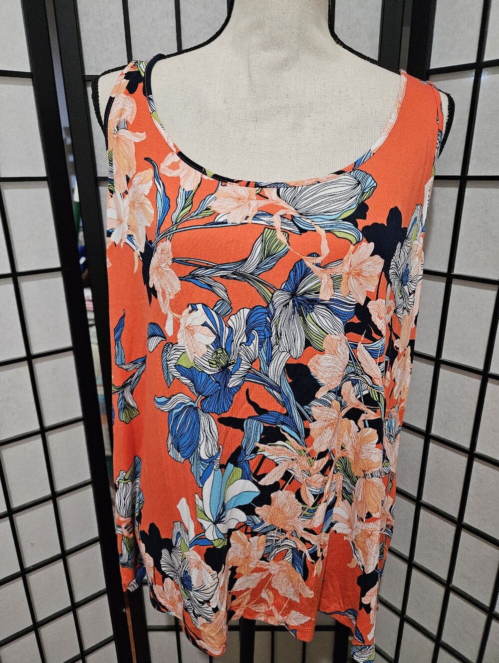 Chico's Size 3 (XL 16/18) Bright Orange & Blue Floral Soft Tank